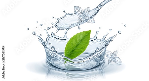 Green tea leaf in clear water splash for natural skincare beverage.
