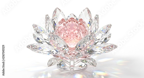 Crystal lotus flower sculpture shines with pink center on white background.