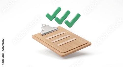 Wooden clipboard with green check mark checklist survey and task completed form.
