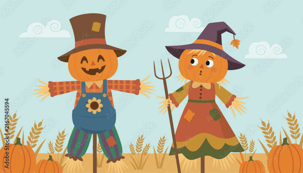 Naklejka premium Two cute friendly scarecrows with pumpkin heads standing in a golden wheat field with ripe pumpkins during autumn.