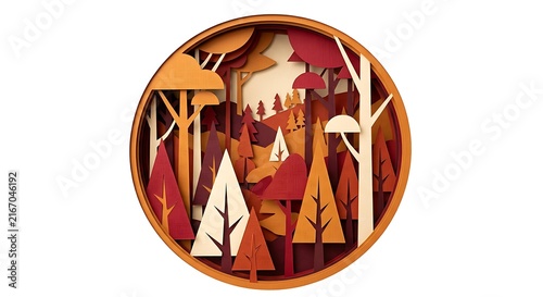Paper cut forest with autumn trees and layered woods inside a circle frame.
