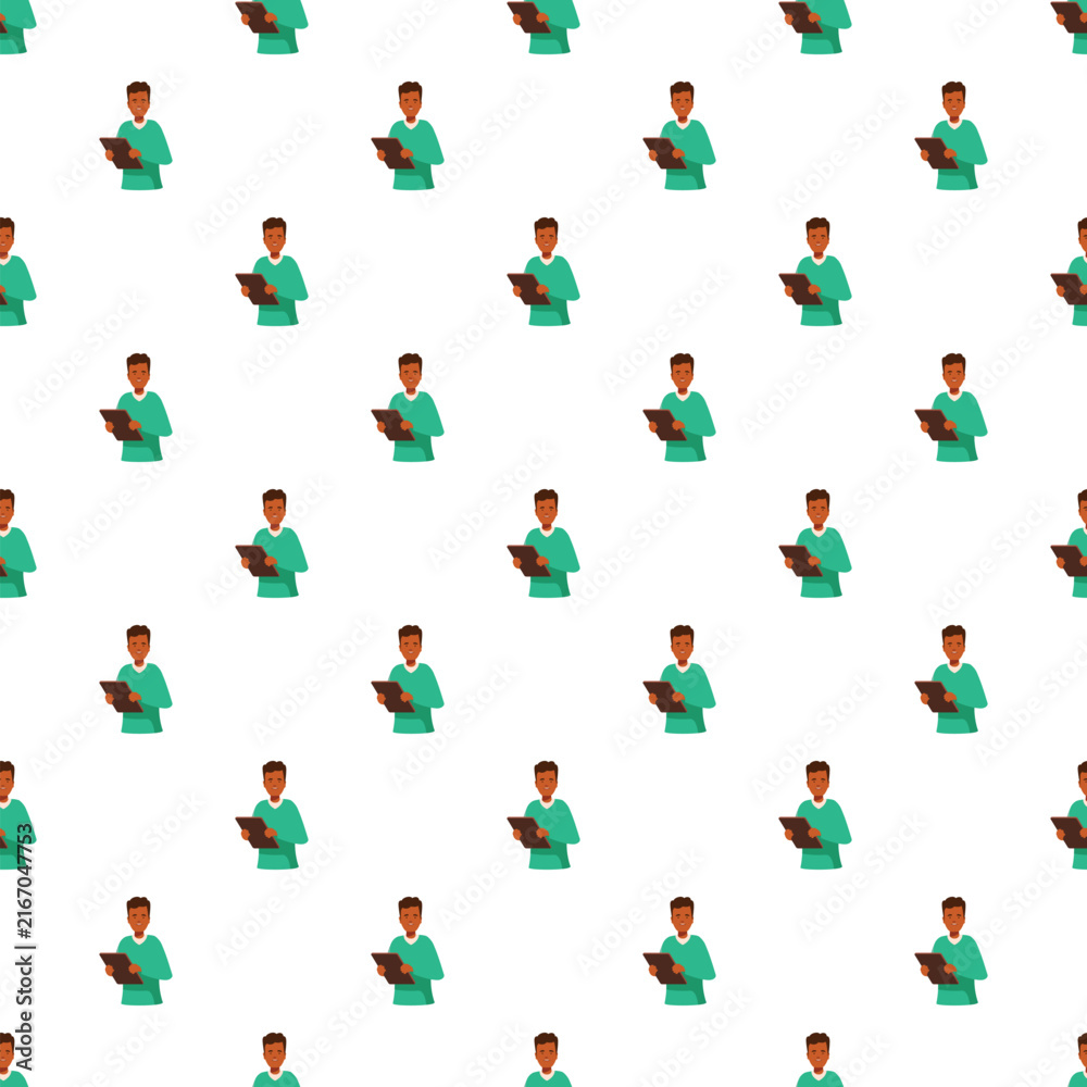 Fototapeta premium African man holding a digital tablet in a repeating flat design illustration