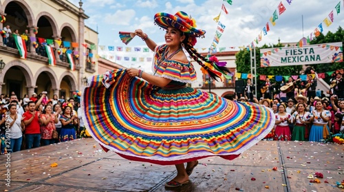 Mexican folklorico dancer spinning in colorful traditional dress during Fiesta Mexicana celebration for Hispanic Heritage Month.