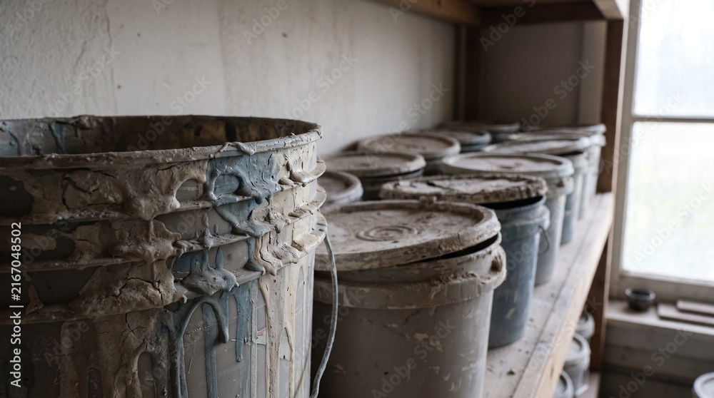Fototapeta premium Glaze buckets ranked on a studio shelf with dried drips down the sides