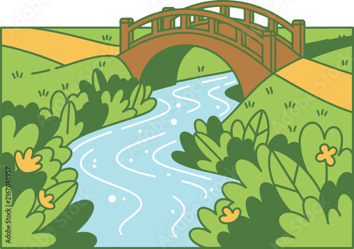 Bridge Over River Landscape Illustration with Green Foliage and Rolling Hills. Scenic View Design