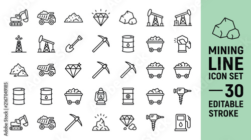 Canvas Print Mining Line Icons Set, 30 Editable Stroke Resource Extraction Symbols Truck Dril