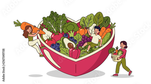 Heart Shaped Bowl With Farm Fresh Produce Vector Illustration