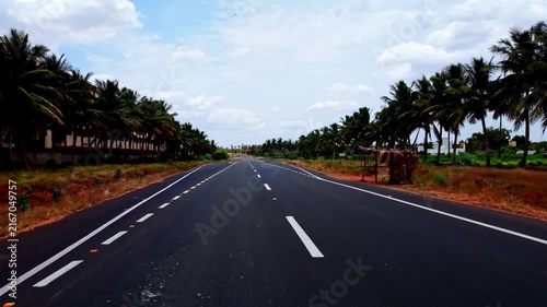 Empty Asphalt Highway Road Flanked by Palm Trees
