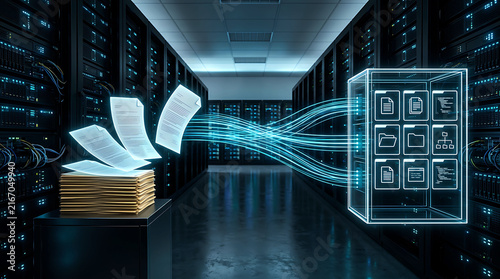 Paper document digitization transfer process to server cloud storage database