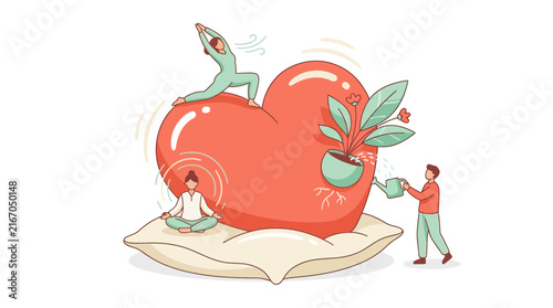 Heart Wellness With Potted Plant and Yoga Vector Illustration