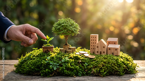 Green investment and sustainable real estate business growth concept with money