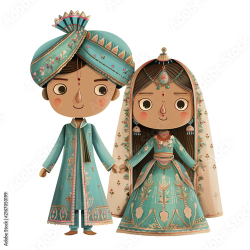 pretty wedding couple character in ethnic costume cutout on transparent background