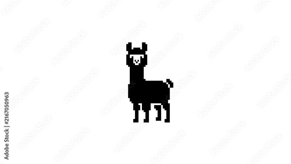 Naklejka premium Side profile black and white pixel art llama silhouette.