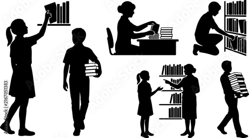 Silhouettes of children and a librarian in a library vector illustration