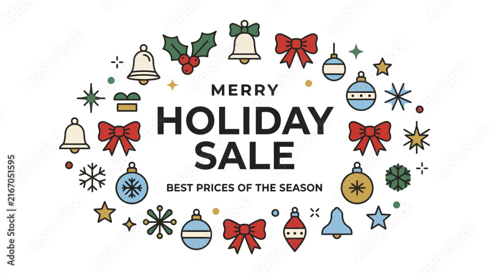 Fototapeta premium Merry Holiday Sale Festive Promotional Graphic Design with Christmas Ornaments.