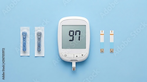 Blood glucose meter set, digital glucometer displaying result with test strips and lancets, diabetes