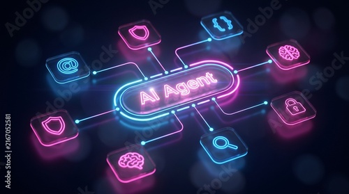 Ai agent network with connected icons with artificial intelligence magnifying glass technology glowing symbols shield brain email neon lock code