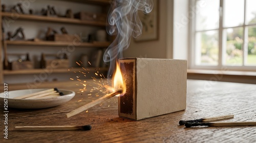 Close-up of a match striking against a cardboard matchbox, igniting a flame with sparks and smoke, set on a wooden table with scattered matches and a white plate