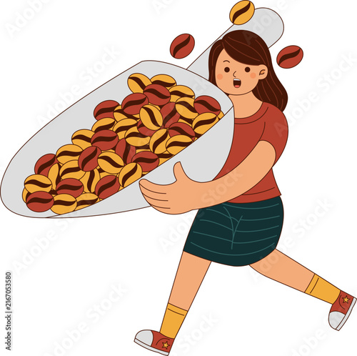 Woman Carrying Large Scoop of Coffee Beans
