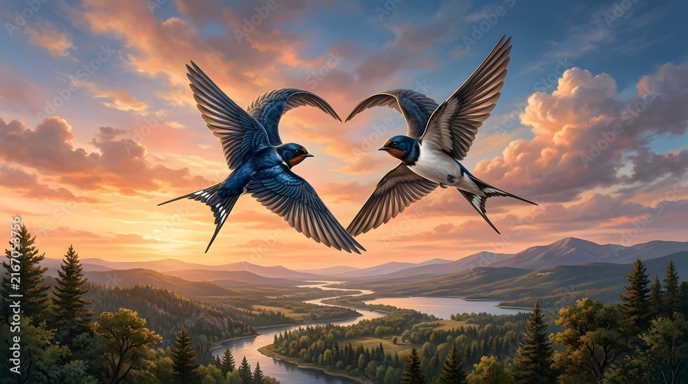 Fototapeta premium Heartwarming depiction of two swallows in flight, forming a heart shape against a vibrant sunset sky and scenic landscape