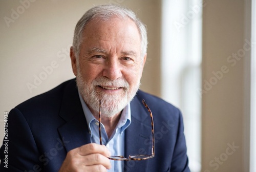 Professional Older Man Smiling and Holding Eyeglasses in Corporate Portrait