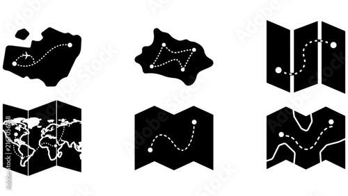Dark navigation map icons showing folded world maps, route lines, location pins and travel path symbols on black background