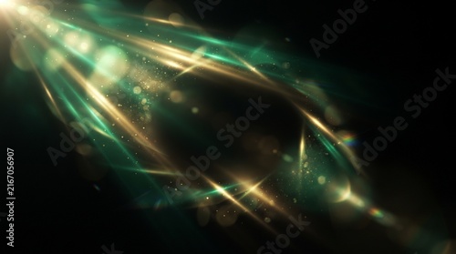Abstract green and gold light leak overlay with lens flare and glowing bokeh particles
