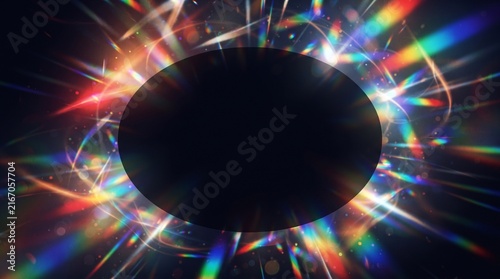 Abstract prism light leak overlay with rainbow lens flare on a dark black background