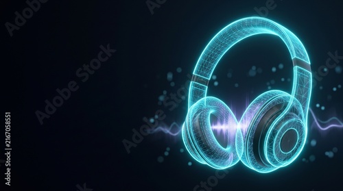 Futuristic neon headphones with digital wireframe, glowing cyan audio equipment, high-tech music visualization on dark background