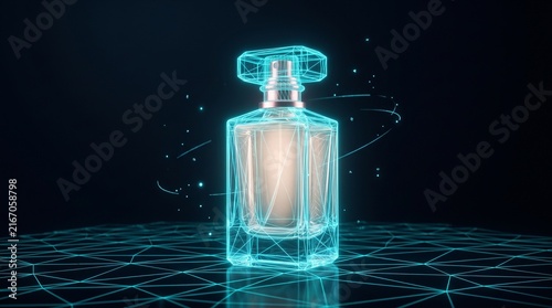 Futuristic perfume bottle with neon cyan wireframe, glowing digital fragrance glass, high-tech beauty product visualization on dark background