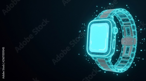 Futuristic smartwatch hologram on dark background. Digital glowing watch interface with neon blue lines. High-tech wearable device concept.