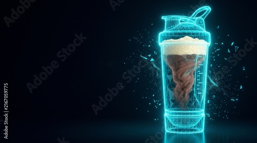 Futuristic protein shaker hologram, glowing blue wireframe fitness bottle, digital sports nutrition concept on dark background