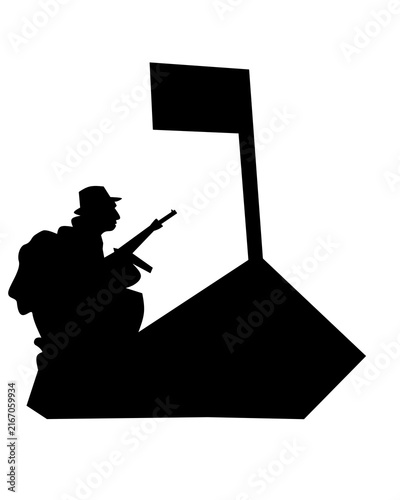 Soldier silhouette holding rifle by flag on hill for project revolution victory concept