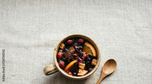 Warm Herbal Tea with Fruit and Spices in a Mug