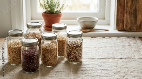 Whole grains stored in glass jars on a kitchen table
