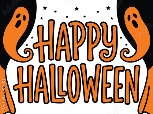 Spooky Happy Halloween Typography Vector Design With Screaming Ghosts Frame