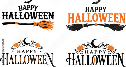 Vintage Happy Halloween Typography Vector Bundle Set With Witch Broom Pumpkin And Crescent Moon