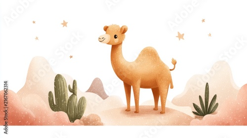 Cute chubby camel in pastel desert, bubble-like dunes, cactus trio and tiny stars, pure white background