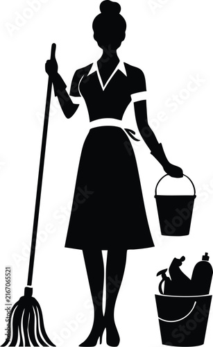 Maid with mop and bucket, cleaning supplies icon silhouette, representing household chores and sanitation.
