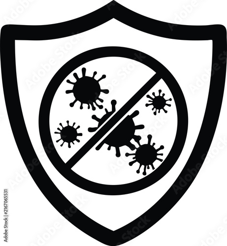 Shield with prohibition sign and virus bacteria icons, symbol of protection against disease.