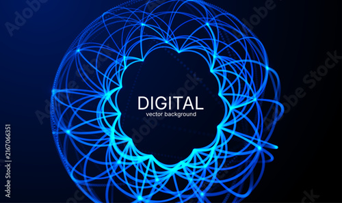 Futuristic technology banner template with copy space, glowing data streams and blue digital network elements. Modern business presentation with abstract data flow, digital lines and geometric forms.