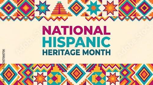 National Hispanic Heritage Month banner with colorful geometric folk art pattern