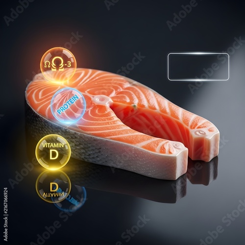 Raw salmon fillet with health monitoring icons glowing. Smart nutrition tracking on fresh fish for wellness and diet apps.