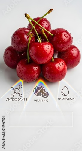 Fresh red cherries in a rustic wooden bowl. Vibrant ripe fruit cluster for healthy eating and summer recipes.