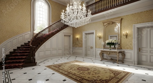 Luxury grand staircase with crystal chandelier in elegant mansion interior. Opulent curved marble steps and ornate decor for high-end real estate a...