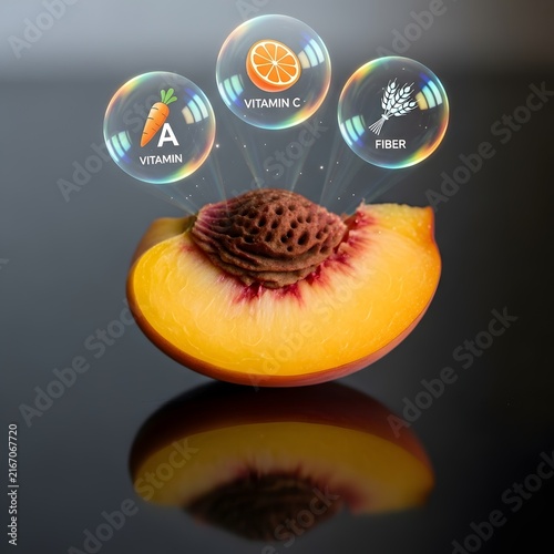 Sliced peach with digital health and fitness icons floating above. Fresh fruit symbolizing wellness, nutrition, and smart lifestyle technology.