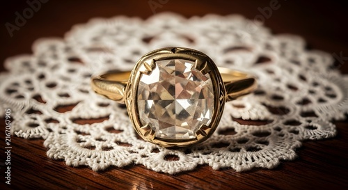 Vintage diamond engagement ring on lace fabric. Antique gold jewelry with sparkling gemstone for wedding or proposal.