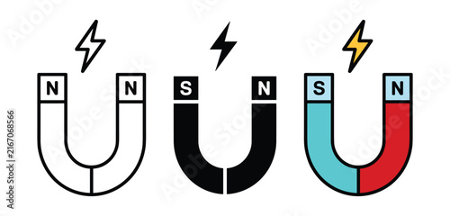 Принти на полотні Horseshoe Magnets: A graphic representation of three horseshoe magnets, showcasing their poles and magnetic force, with lightning bolts indicating their power