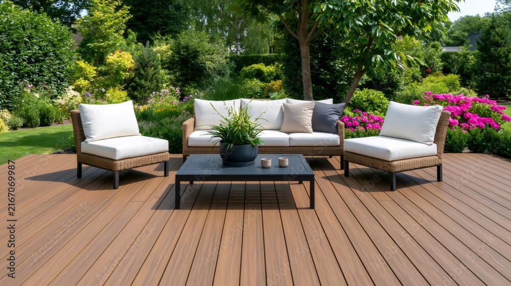 Fototapeta premium Deck with outdoor living furniture in a lush garden