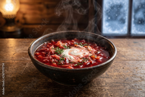 Hot Traditional Borscht with Sour Cream and Dill in Rustic Interior